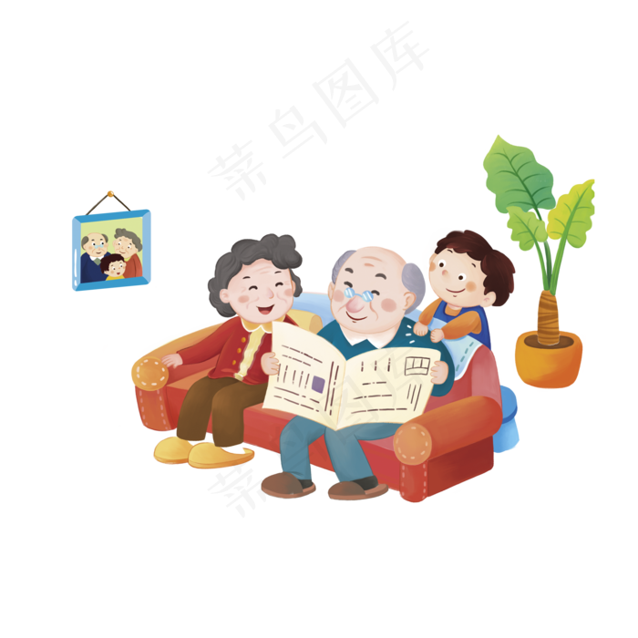 其乐融融的祖孙三人插画设计