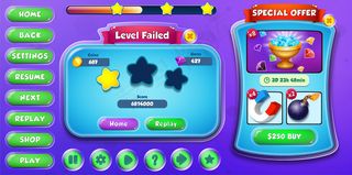 休闲卡通儿童游戏ui级失败，弹出带有按钮和加载栏的特价菜单