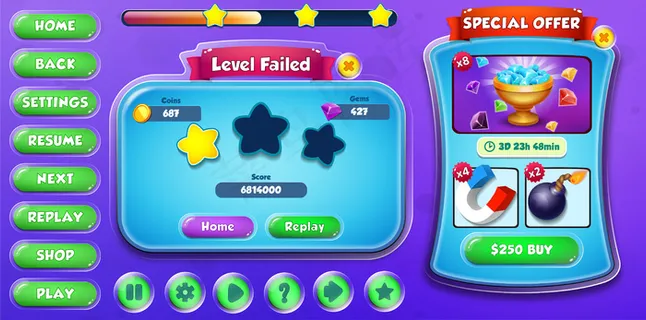 休闲卡通儿童游戏ui级失败,弹出带有按钮和加载栏的特价菜单 休闲卡通儿童游戏ui级失败,弹出带有按钮和加载栏的特价菜单