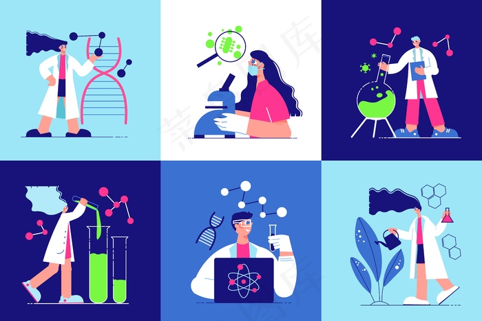 六个孤立的方形图标，带有在科学实验室工作的卡通人物eps,ai矢量模版下载