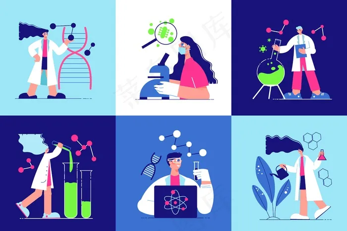 六个孤立的方形图标，带有在科学实验室工作的卡通人物eps,ai矢量模版下载