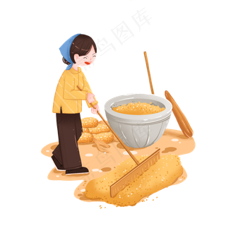 秋季丰收之晒谷子的农民