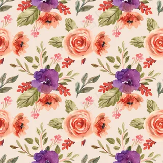 水彩无缝模式与紫色牡丹和橙色花卉