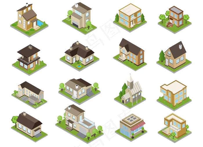 郊区建筑图标集联排别墅和教堂等距隔离eps,ai矢量模版下载