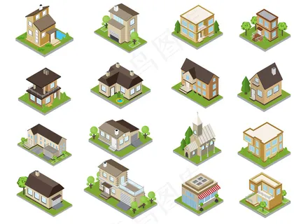 郊区建筑图标集联排别墅和教堂等距隔离