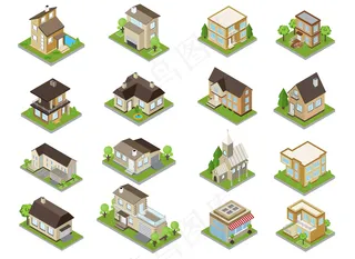 郊区建筑图标集联排别墅和教堂等距隔离