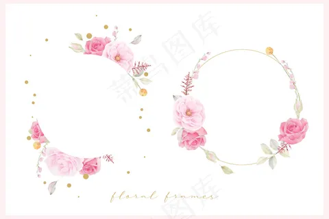 美丽的花卉框架与粉红玫瑰水彩