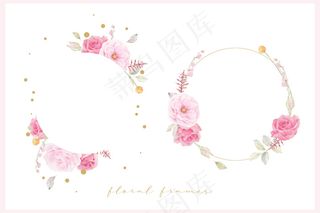 美丽的花卉框架与粉红玫瑰水彩