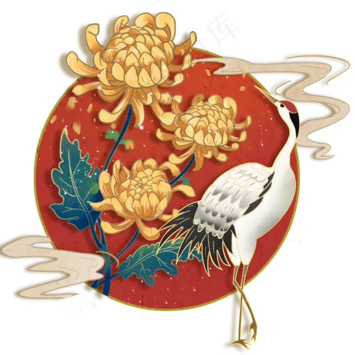 国潮复古中国风菊花仙鹤,免抠元素(2000*2000px 300 dpi )psd模版下载