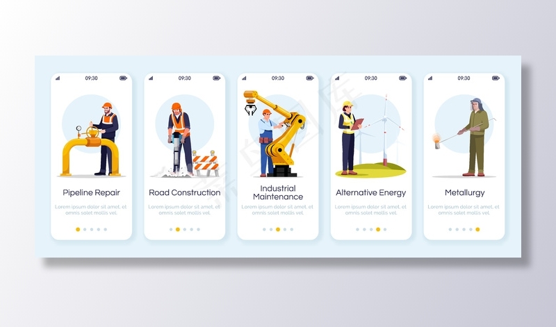 工程师注册手机app移动应用程序app屏幕模板。管道维修、道路建设。工业工人。带字符的漫游网站步骤。智能手机卡通ux、ui、gui