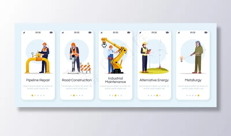 工程师注册手机app移动应用程序app屏幕模板。管道维修、道路建设。工业工人。带字符的漫游网站步骤。智能手机卡通ux、ui、guieps,ai矢量模版下载