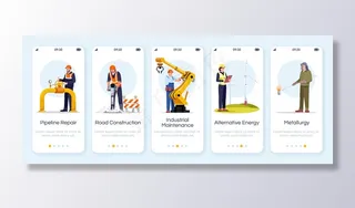 工程师注册手机app移动应用程序app屏幕模板。管道维修、道路建设。工业工人。带字符的漫游网站步骤。智能手机卡通ux、ui、gui