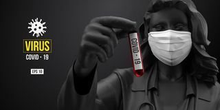 新型冠状病毒。戴着黑色背景的白色面具的女人。