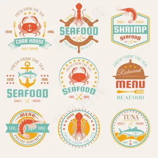 海鲜色餐厅标志与餐具和cloche海产品锚和舵隔离