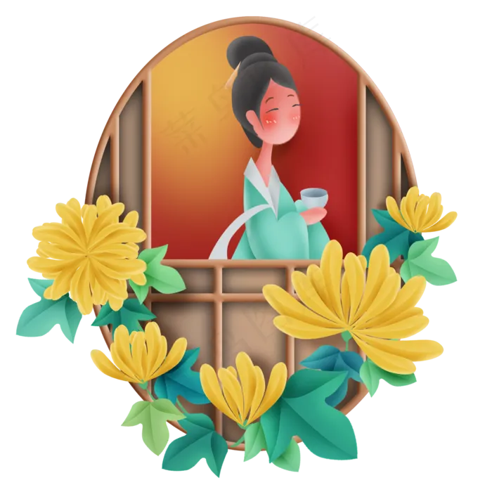 窗边赏菊喝茶的古代少女(2000X2000(DPI:300))psd模版下载