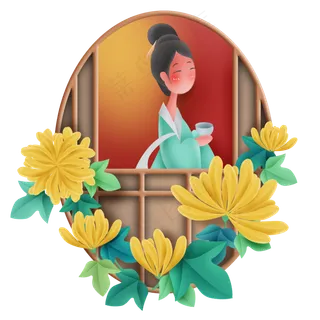 窗边赏菊喝茶的古代少女