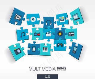 抽象多媒体背景与连接的彩色拼图，集成图标。信息图形概念与技术，数字，音乐，电影，游戏，作品的角度。插图。