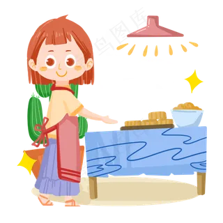 中秋节卡通女孩把月饼捧在桌上P