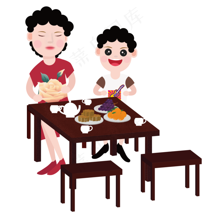 坐在餐桌前过中秋节的母子俩