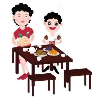 坐在餐桌前过中秋节的母子俩