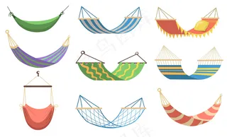 彩色吊床的不同类型的平面设置网页设计。卡通吊床放松，摇摆，睡觉，在海滩上休息矢量插图收集。休闲度假理念