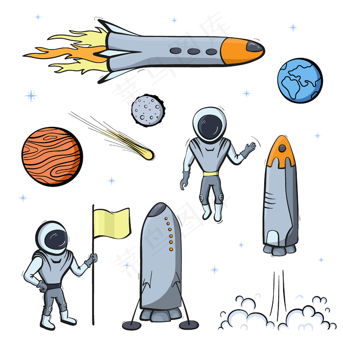 宇宙飞船、火箭、火星车的矢量插图集。涂鸦卡通矢量图标。