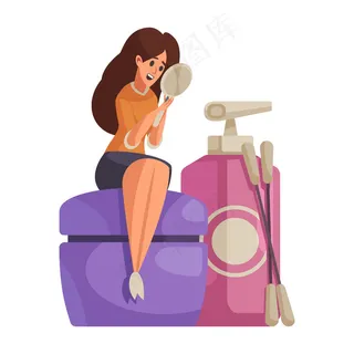 化妆平面组合物与化妆品和美丽的女人看着自己在镜子里