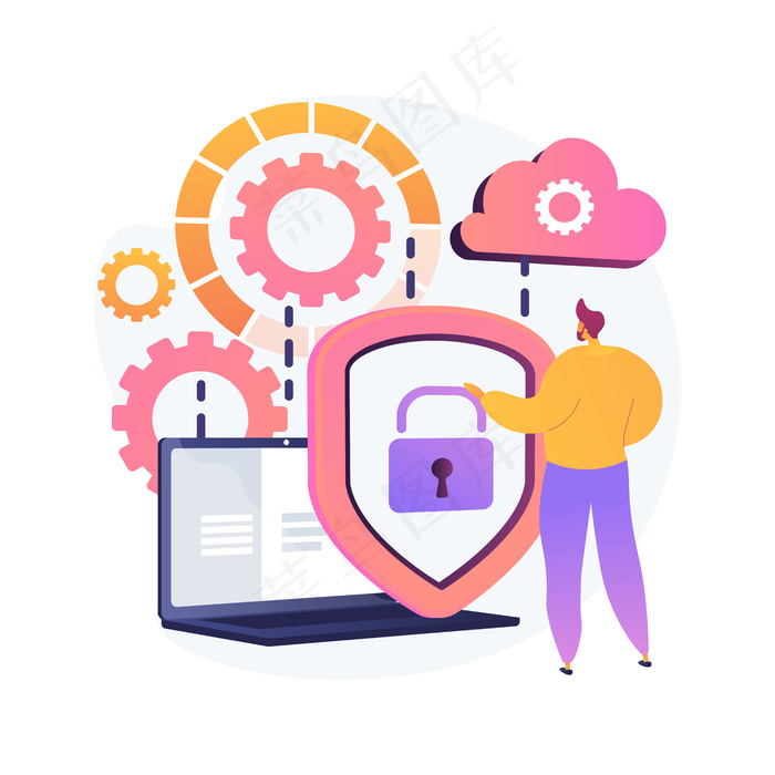 云存储理念。在线计算。互联网数据库，备份服务器。编程设备。限制访问、控制通行证、隐私设置。向量孤立概念隐喻图解