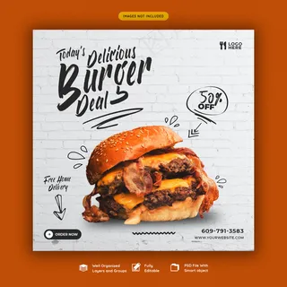 美味汉堡和美食菜单社交媒体横幅banner模板