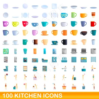 100个厨房图标。100个厨房图标的卡通插图，设置在白色背景上