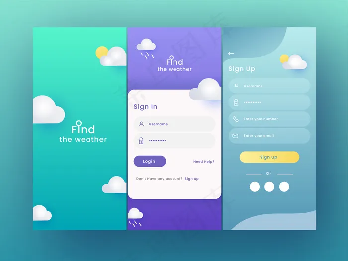 一套ui、ux、gui屏幕天气应用程序app，包括登录eps,ai矢量模版下载