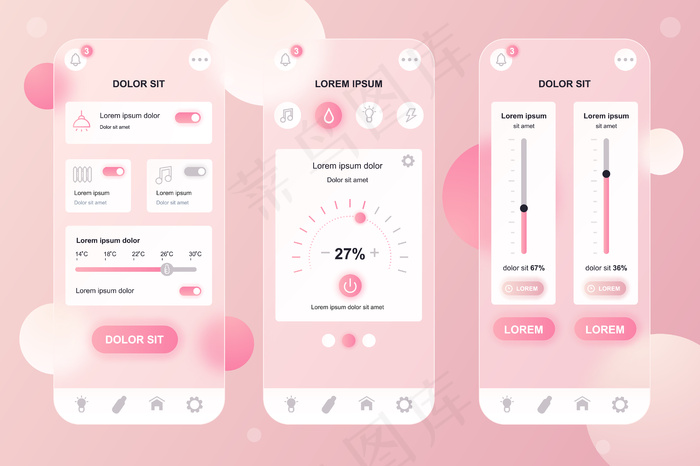 智能家居glassmorphic design Neummorphic elements kit for mobile app ui ux gui屏幕集eps,ai矢量模版下载