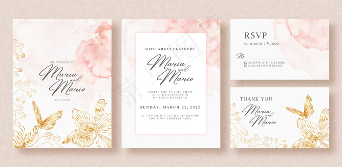 结婚卡模板与美丽的金花和蝴蝶线艺术