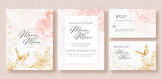 结婚卡模板与美丽的金花和蝴蝶线艺术