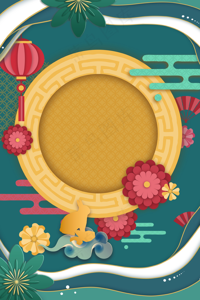 简约大气剪纸风中秋节背景海报