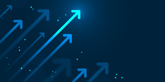 蓝色背景插图上的向上箭头、复制空间构成、业务增长概念。