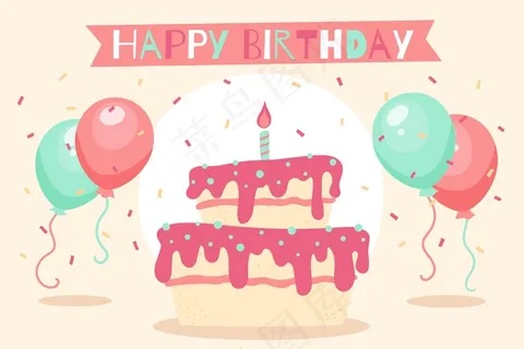 手绘生日背景蛋糕和气球