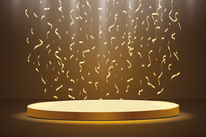 金色领奖台，聚光灯在黑暗的背景下，雾气和五彩纸屑，第一名，名气和人气。