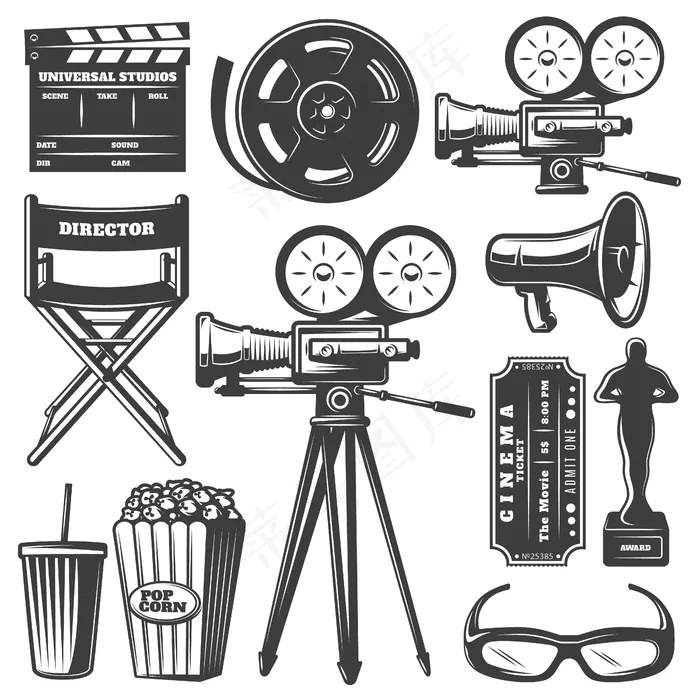 电影院单色元素集eps,ai矢量模版下载
