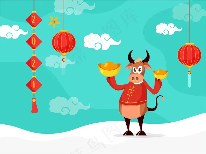 卡通人物牛拿着有数字的锭，灯笼挂在绿松石和白色的背景上。eps,ai矢量模版下载