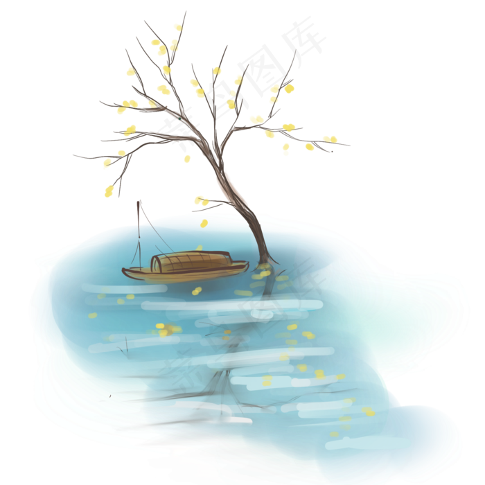 古风水墨湖上船只