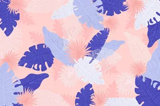 线性热带叶子，有柔和的颜色背景