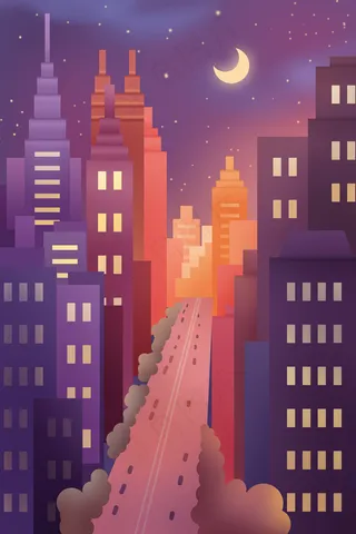 扁平城市摩天大楼夜景