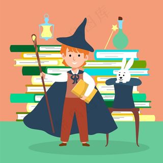 男性角色巫师儿童学校魔术时间插图。神奇的东西组成概念书堆栈，魔法帽兔子。