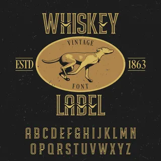 威士忌复古字体海报，中间有动物图案，黑色插图上有装饰