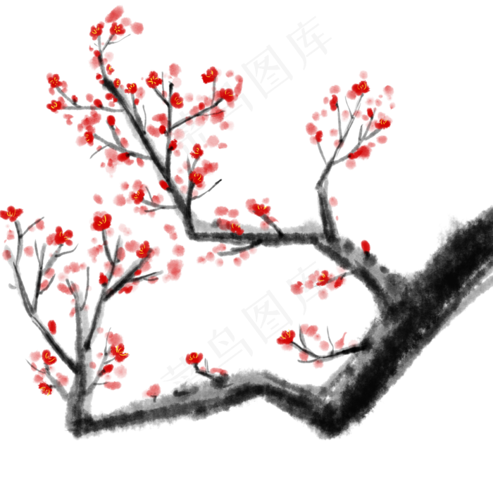 手绘古风中国风水墨红色梅花元素(2000X2000(DPI:300))psd模版下载