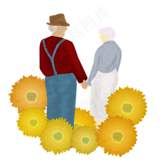 手绘老人重阳节观菊