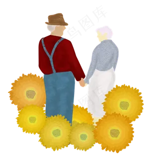 手绘老人重阳节观菊