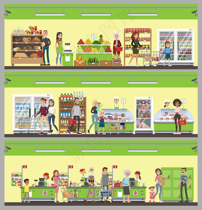 超市内部设置。人们买食物和饮料。eps,ai矢量模版下载