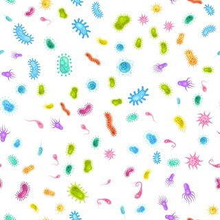 细菌胚芽无缝模式。怪物五颜六色的病毒，生物过敏有趣的微生物和微观细菌。创意设计纺织品、包装纸、背景壁纸矢量纹理